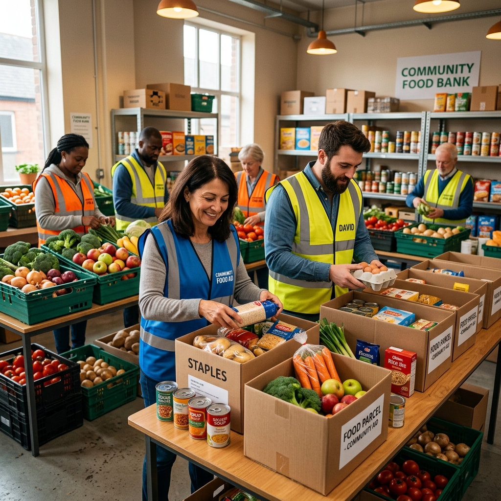 Charity volunteers at UK food bank depositing and packing food supplies